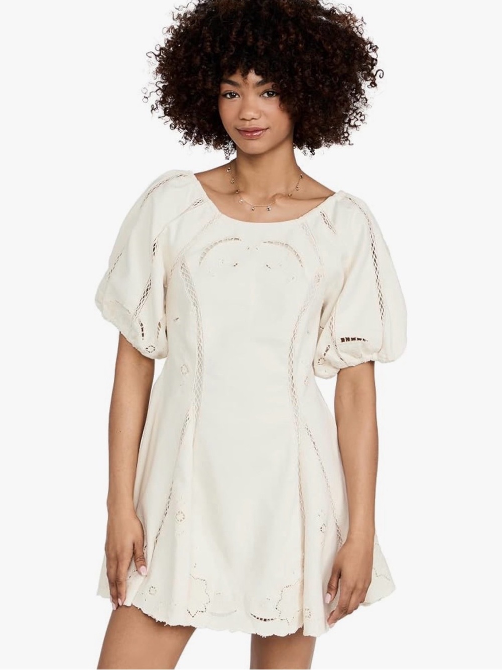 Free People Wanna Dance Mini Dress Ivory Embroidered Lace Back Puff Sleeve M